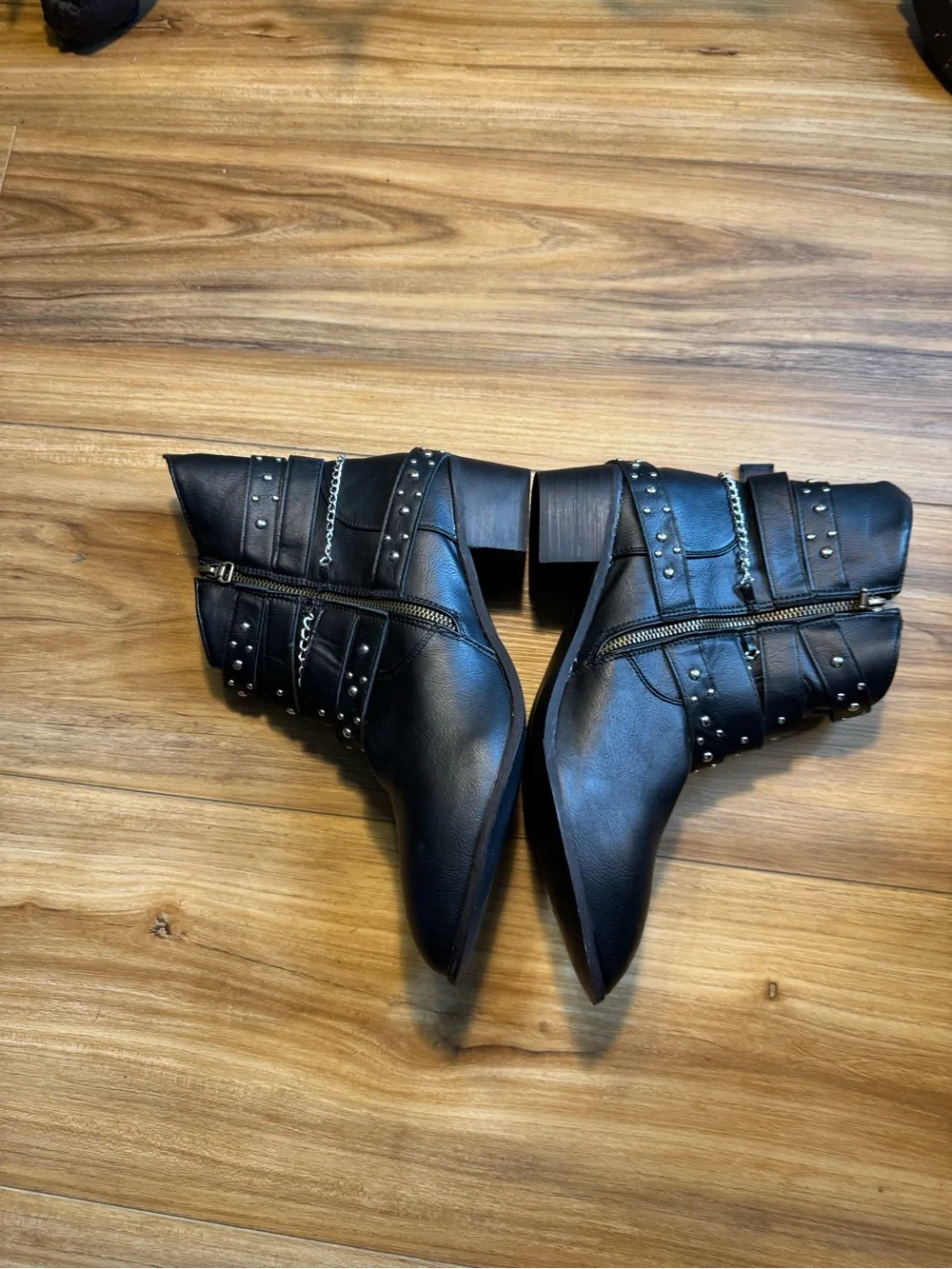 Women's Black Studded Ankle Booties with Decorative Straps